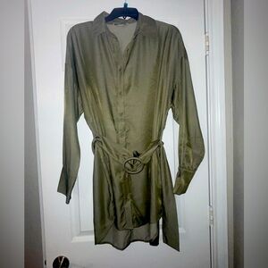 Button down olive green dress, mid to upper thigh length, belted, brand new!